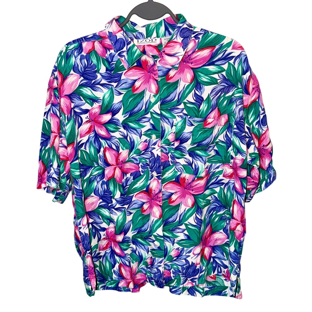 VTG IZOD Tropical Floral Short Sleeve Button‎ Up 100% Rayon Shirt Size Medium